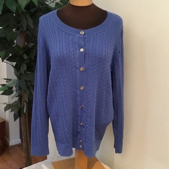 Karen Scott 1x blue cardigan w/ gold buttons - Picture 2 of 16